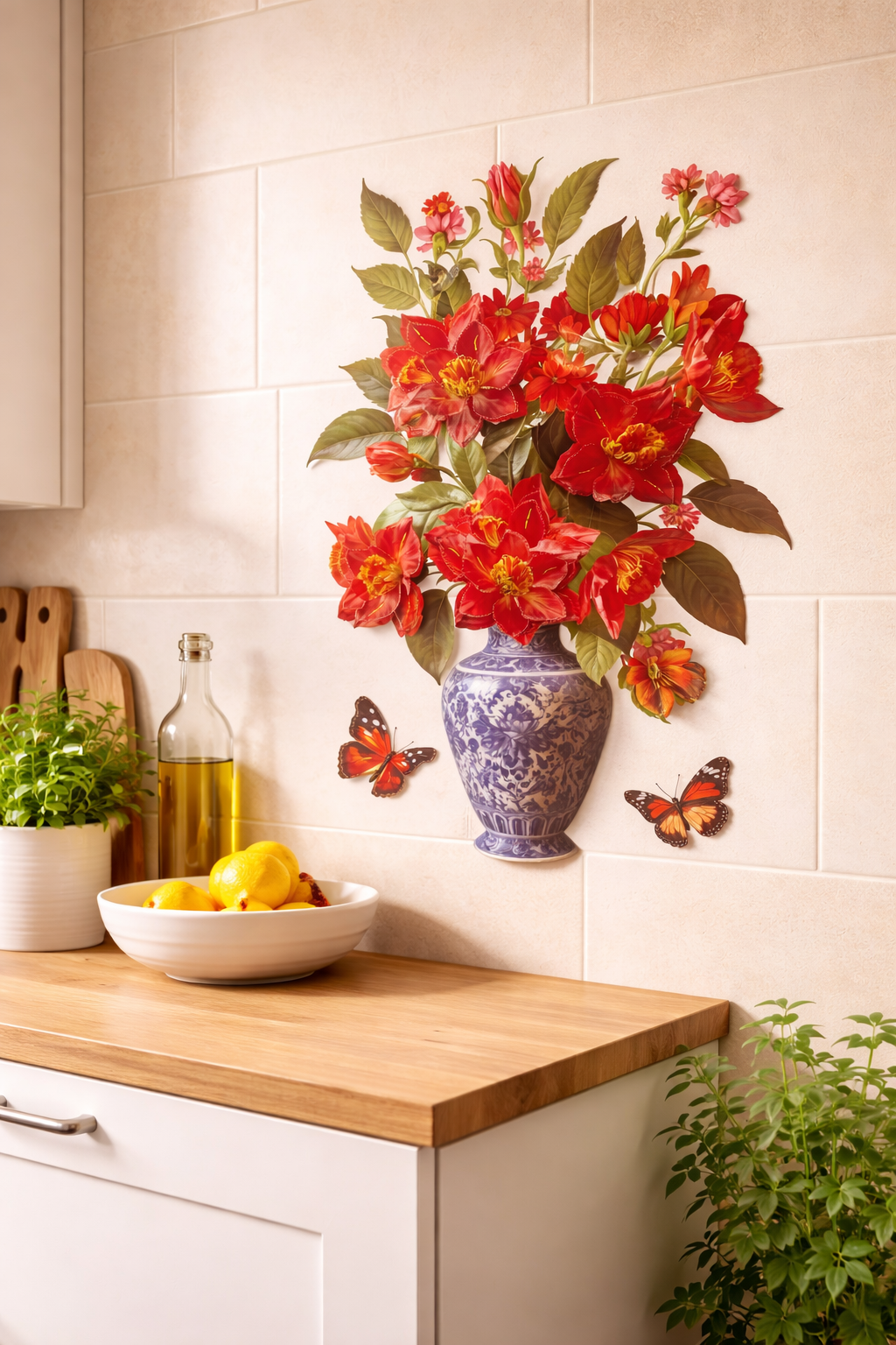 3D Red Floral Vase Wall Sticker – Transparent Butterfly Room Decor