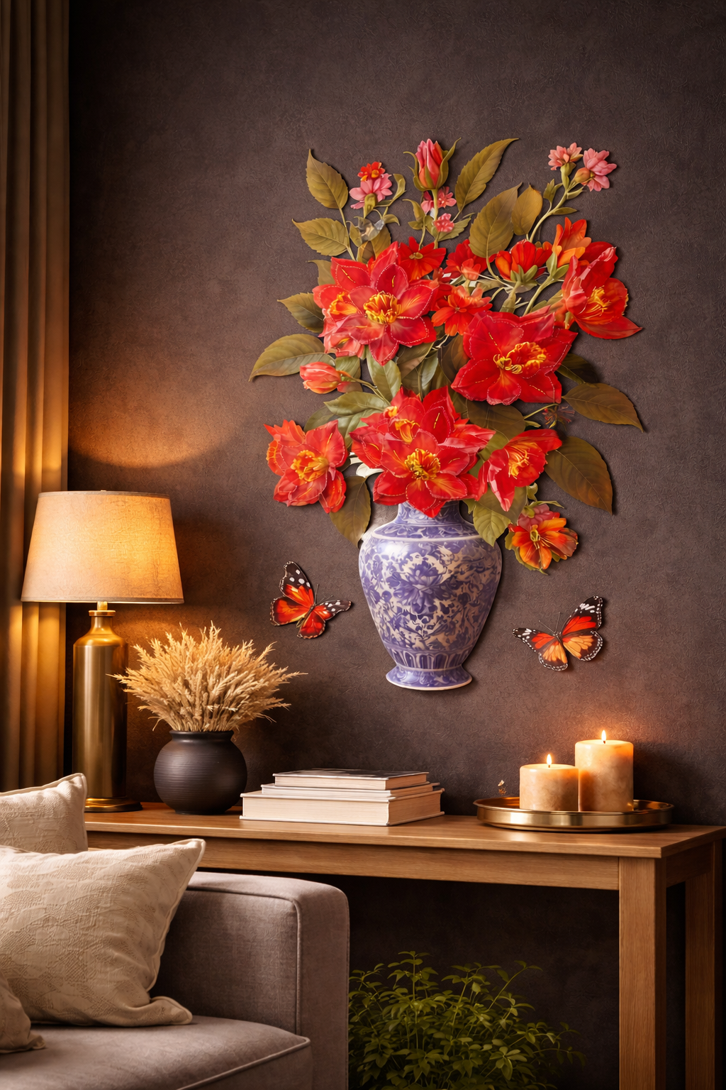 3D Red Floral Vase Wall Sticker – Transparent Butterfly Room Decor
