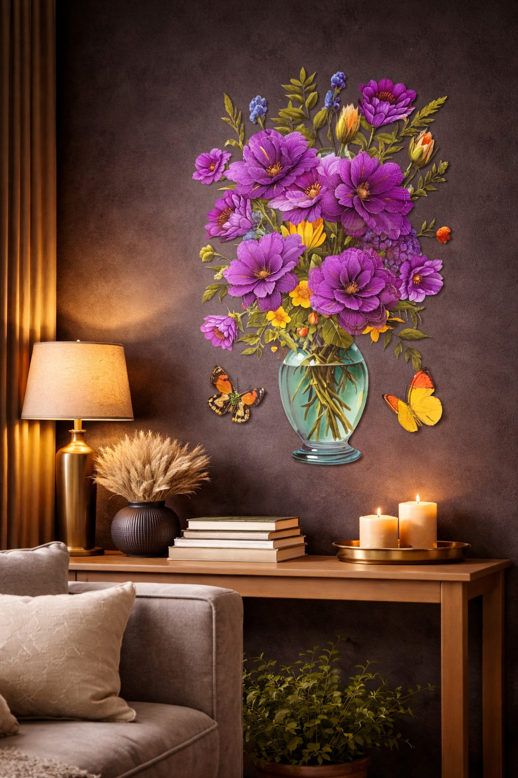 3D Purple Floral Vase Wall Sticker – Transparent Kitchen Home Decor