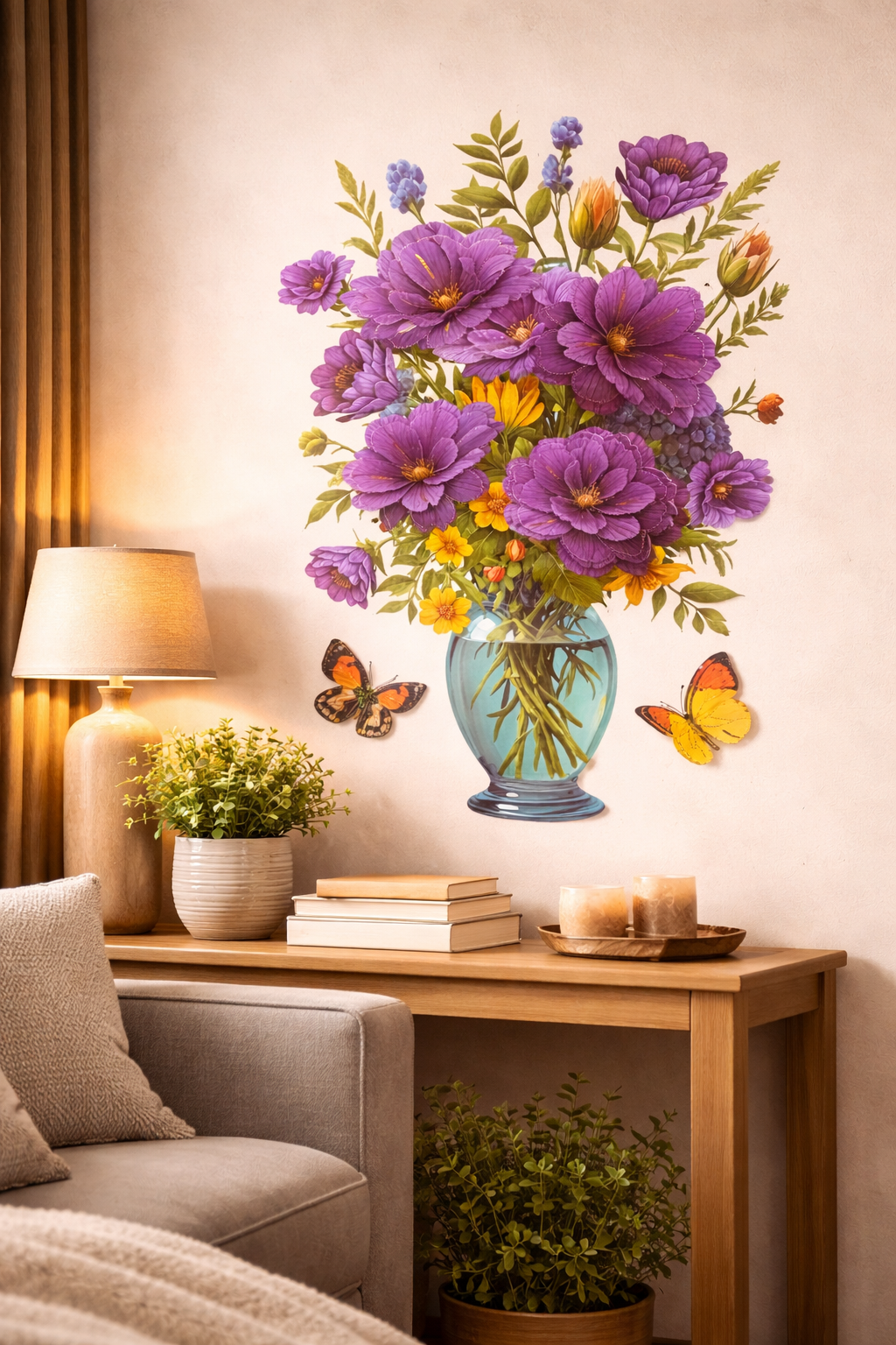 3D Purple Floral Vase Wall Sticker – Transparent Kitchen Home Decor