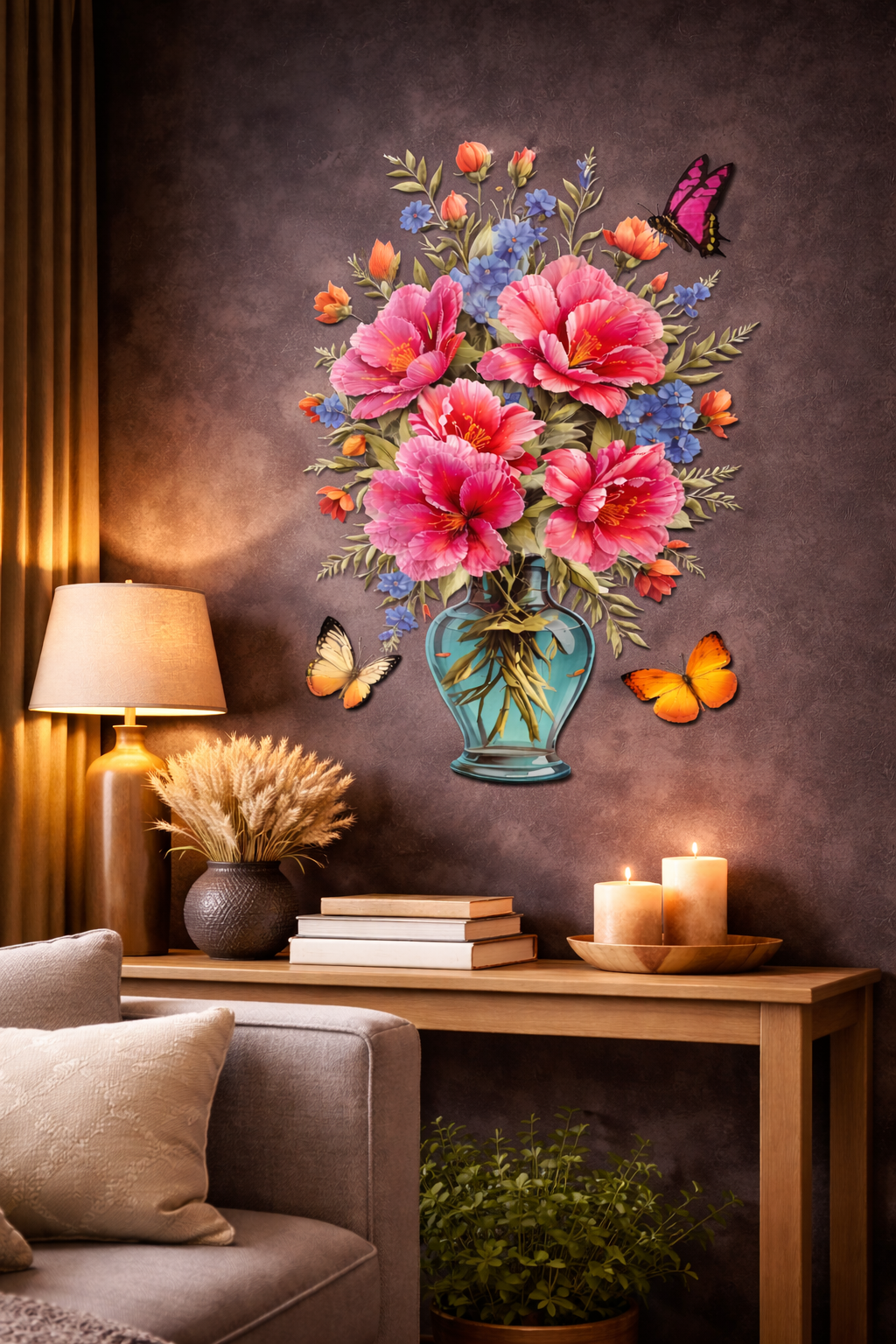 3D Pink Floral Vase Wall Sticker – Transparent Butterfly Home Decor