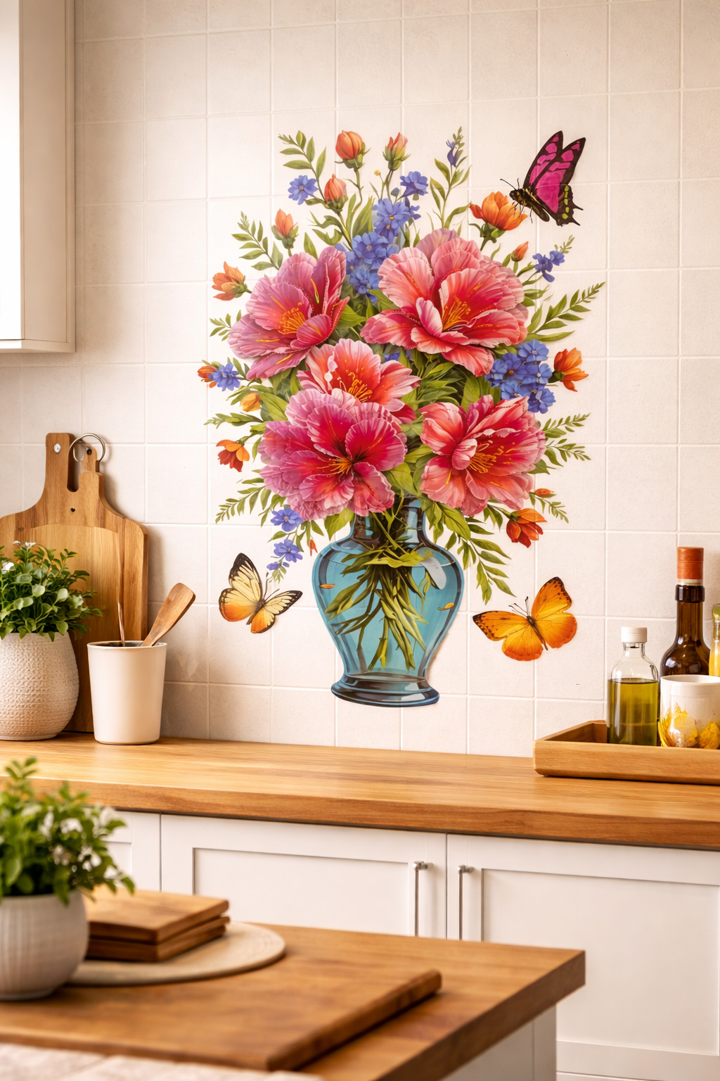 3D Pink Floral Vase Wall Sticker – Transparent Butterfly Home Decor