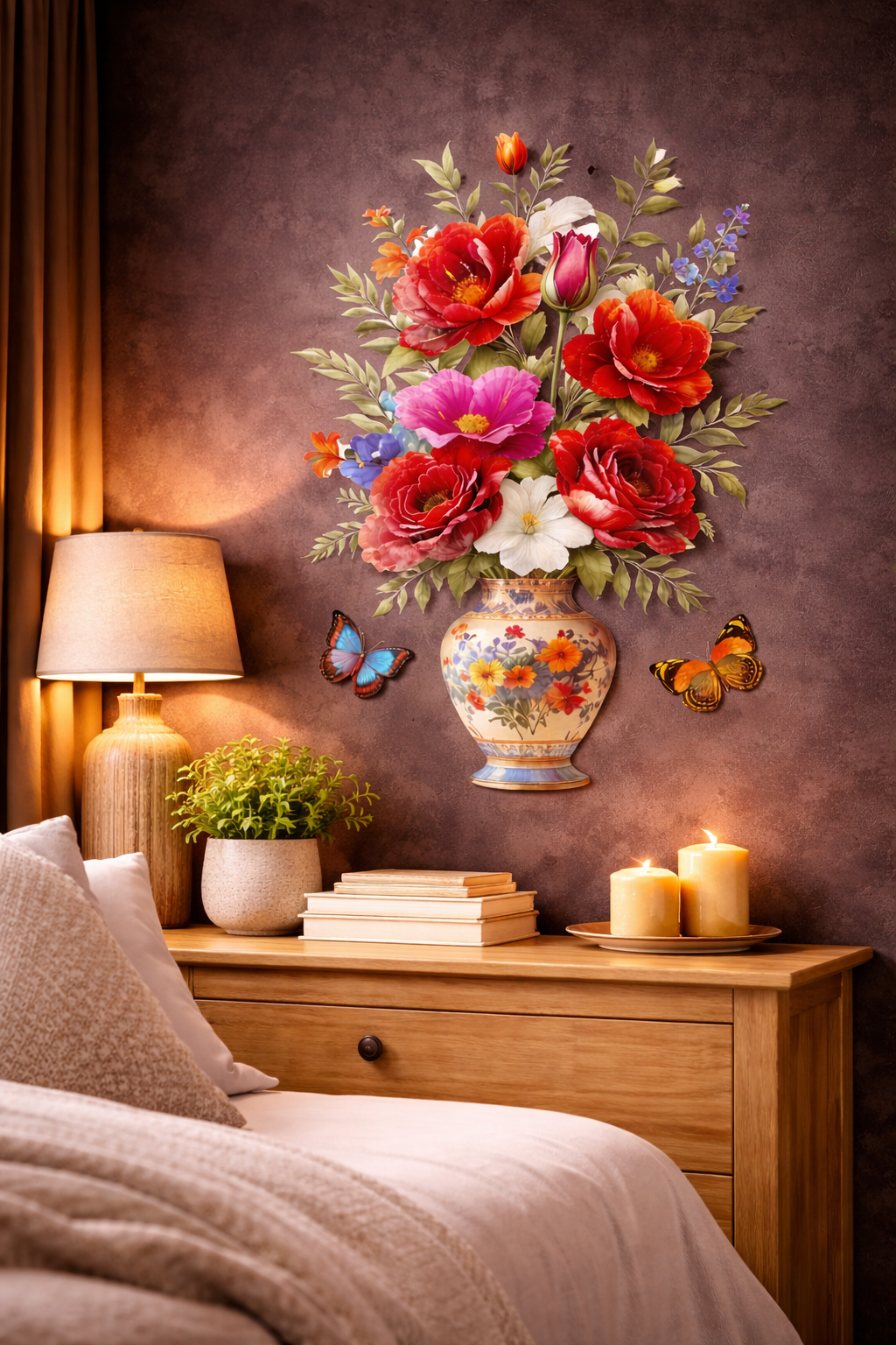 3D Red Floral Vase Wall Sticker – Transparent Butterfly Home Decor