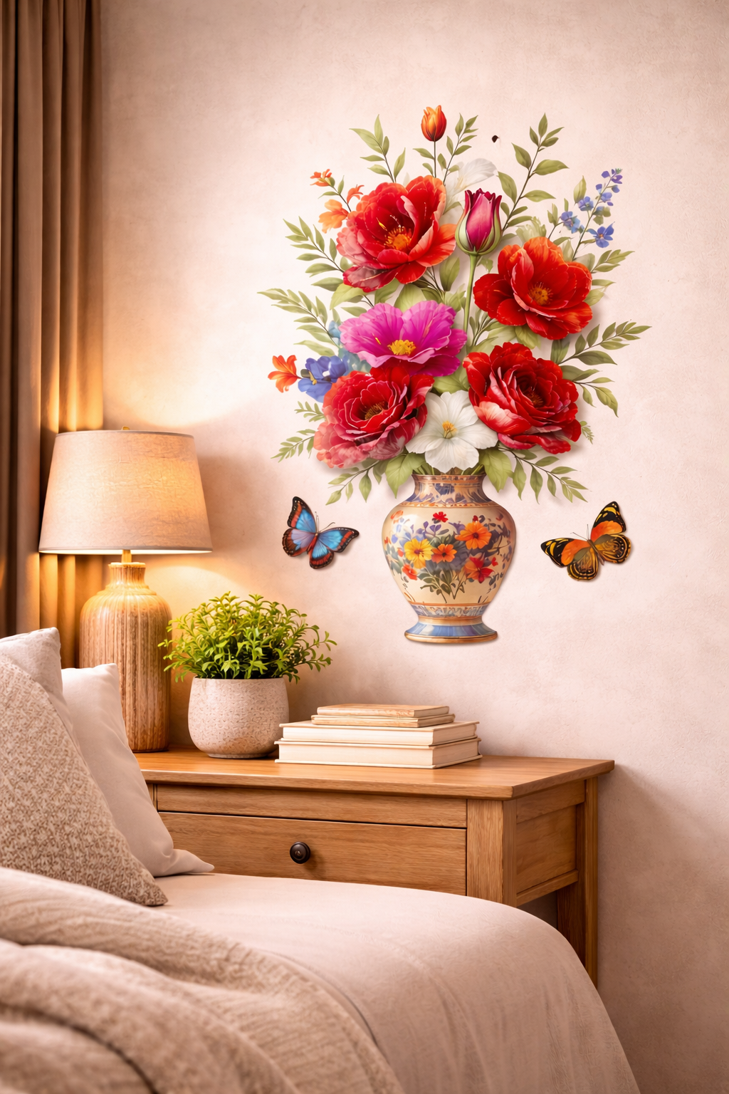 3D Red Floral Vase Wall Sticker – Transparent Butterfly Home Decor