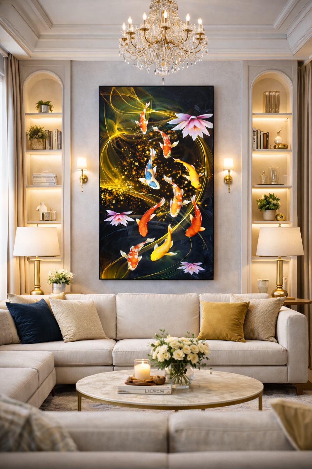 Vibrant Koi Fish &amp; Lotus Vertical Wall Art Canvas