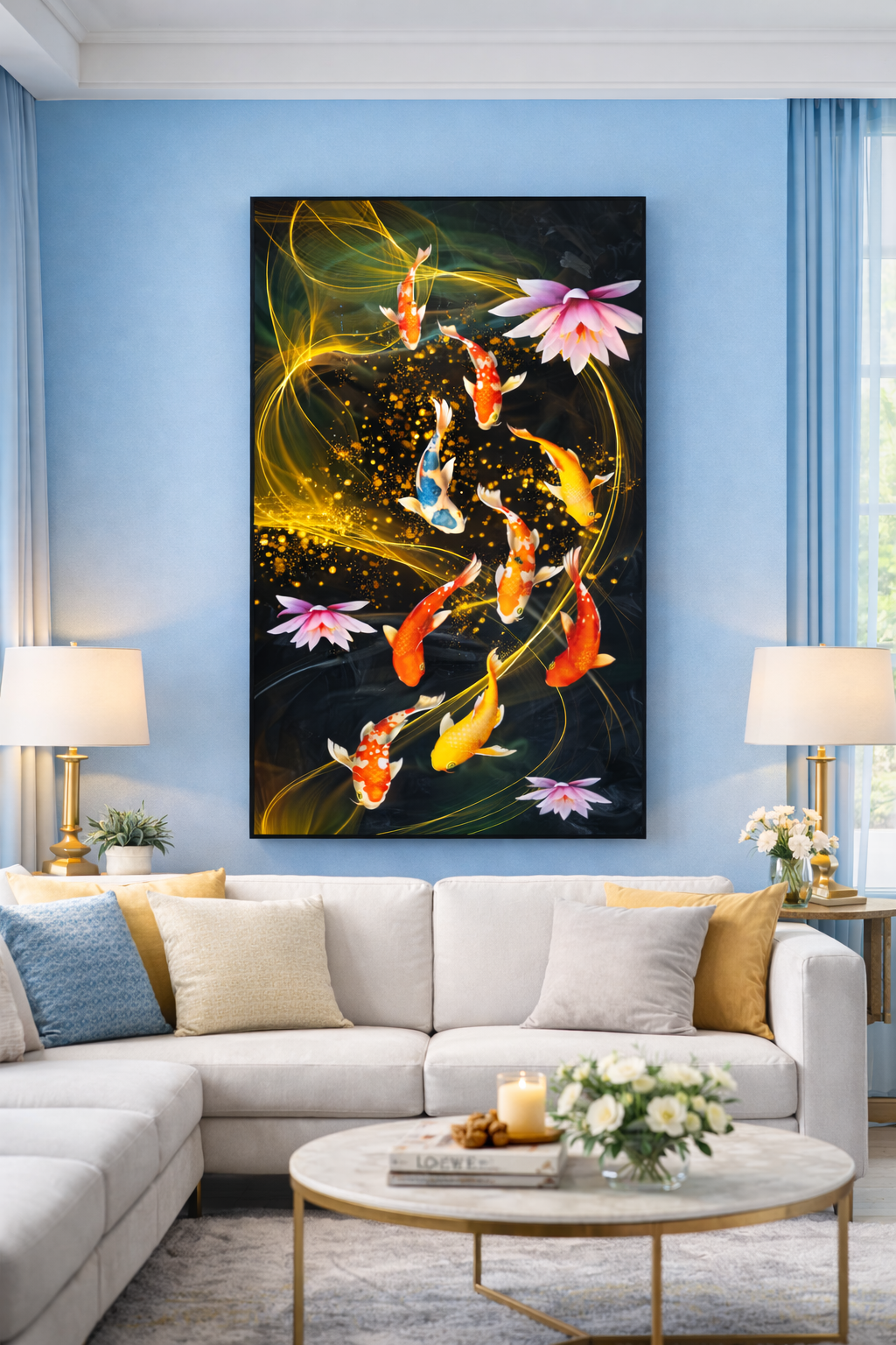 Vibrant Koi Fish &amp; Lotus Vertical Wall Art Canvas