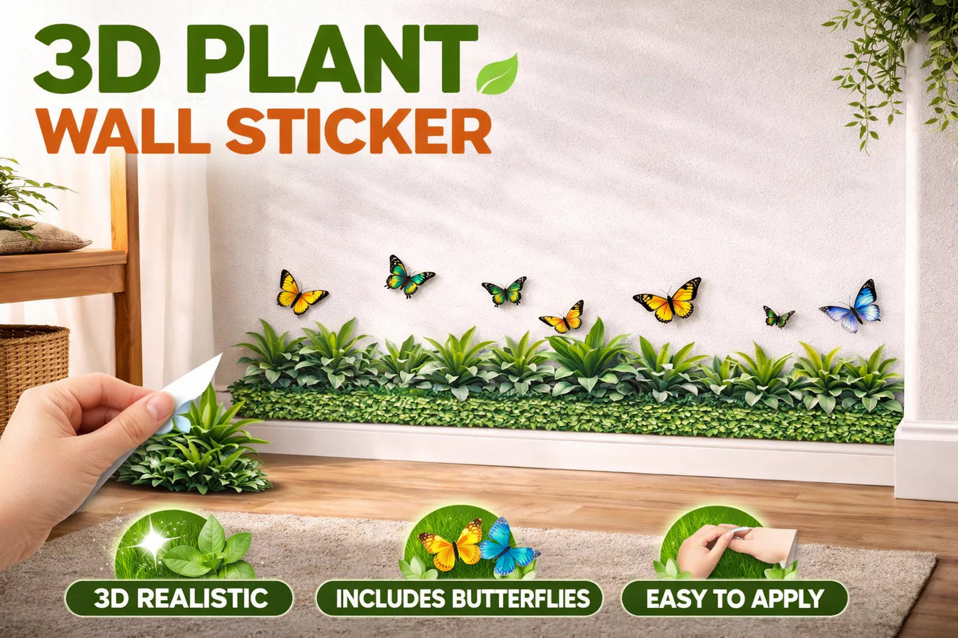 3D Green Plant Wall Sticker with Butterflies | Home Decor Border Wall Decor