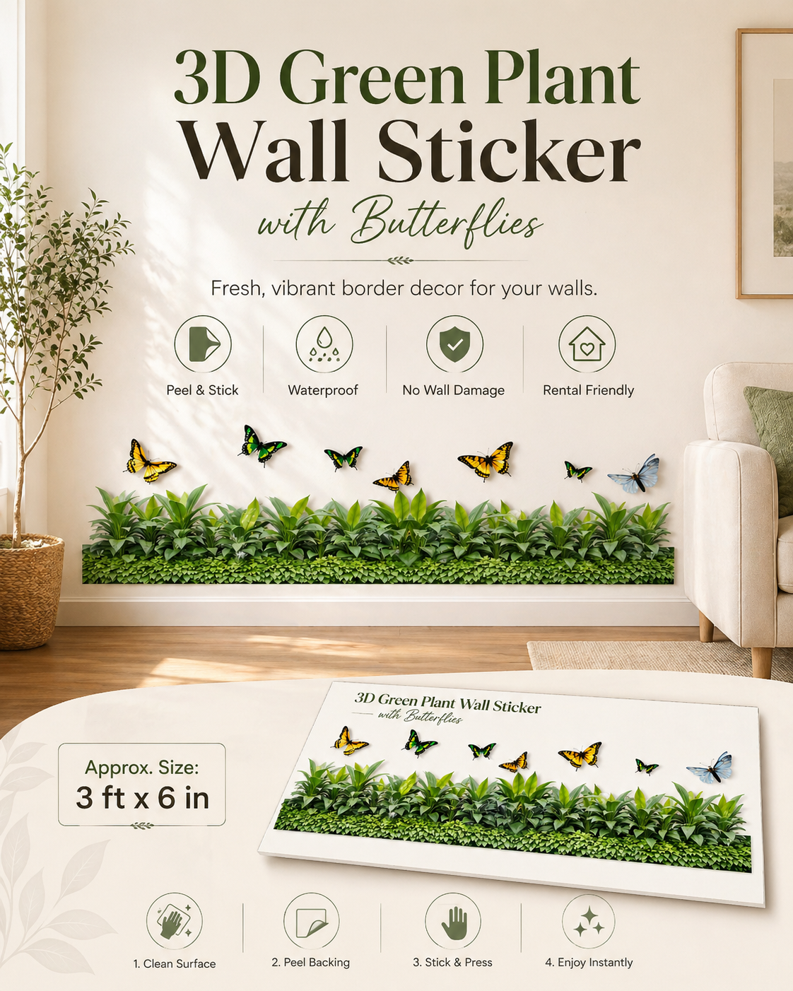 3D Green Plant Wall Sticker with Butterflies | Home Decor Border Wall Decor